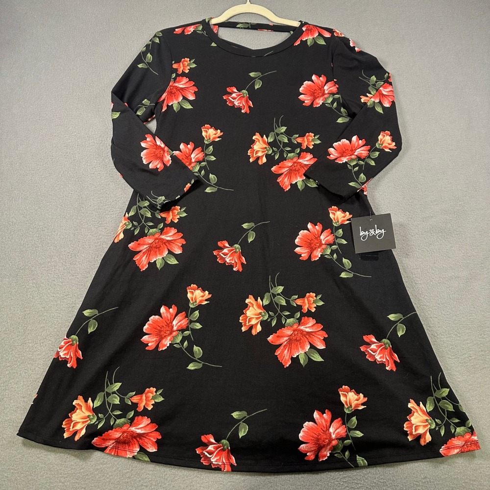 By & By Black Floral Brushed Knit Dress Long Sleeve Lace Up Back Medium NWT